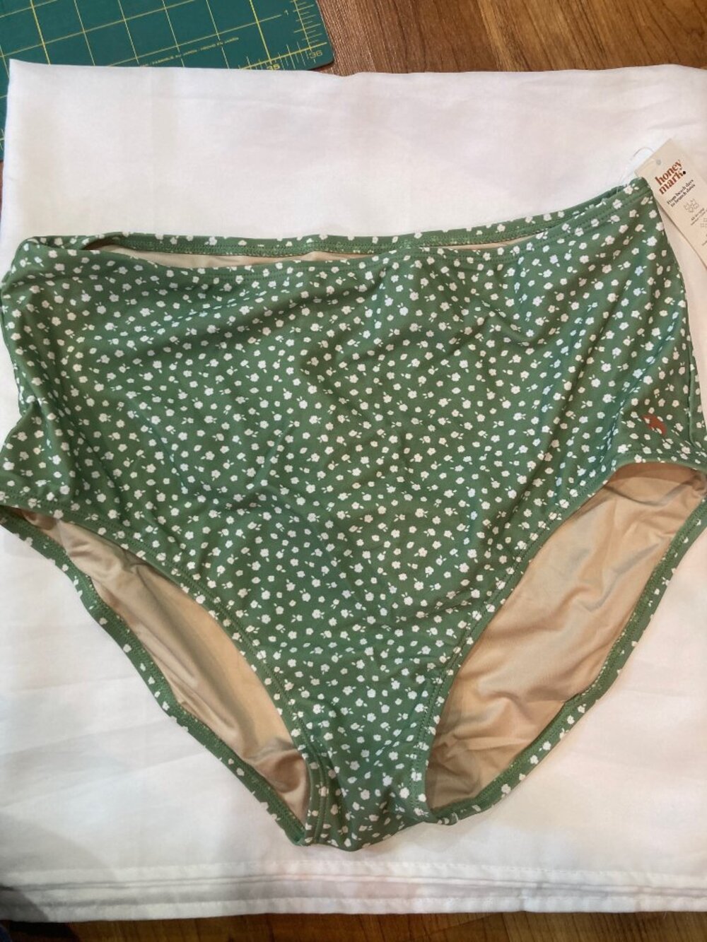 Honey Mark Swim Classic High Waist Bottoms Green Wildflower - NWT